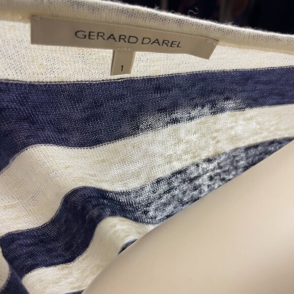 GERARD DAREL 100% Linen Boat Neck Classic Striped Navy White T-Shirt Top sz 1 - Picture 4 of 6